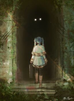 1girl boots brown_boots commentary darkness dress dungeon earrings elf frieren from_behind full_body highres holding holding_suitcase jewelry knee_boots long_hair morted_art painterly pointy_ears signature solo sousou_no_frieren standing stone_wall suitcase teardrop_earrings twintails walking white_dress