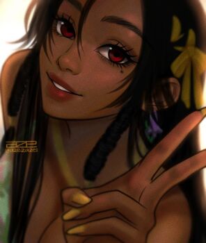 1girl absurdres artist_name azezazel black_hair breasts cleavage dark-skinned_female dark_skin female_focus hair_ribbon highres large_breasts long_hair miary_zo mole mole_under_eye namco red_eyes ribbon solo tekken tekken_8 twitter_username v yellow_nails yellow_ribbon