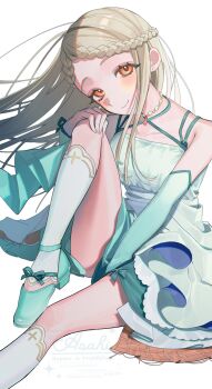 Rule 34 | 1girl, bare shoulders, blonde hair, blush, braid, commentary, dress, floating hair, gakuen idolmaster, highres, idolmaster, knee up, legs, long hair, orange eyes, shine asahi, shinosawa hiro, sitting, smile, solo, symbol-only commentary