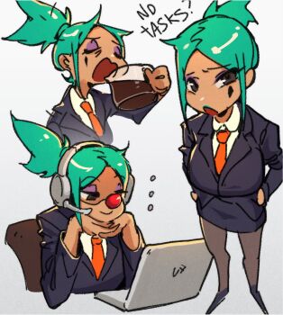 ... 1girl alternate_costume breasts bubene cerebella_(skullgirls) closed_eyes clown_nose coffee coffee_pot computer dark-skinned_female dark_skin english_text eyeshadow green_hair grey_background grey_eyes headset interlocked_fingers laptop large_breasts looking_at_viewer makeup multiple_views necktie office_lady open_mouth pantyhose ponytail skullgirls smile solo