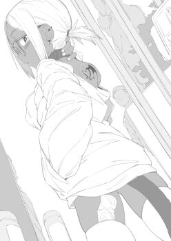 Rule 34 | 1girl, 2boys, blush, cat tail, cellphone, coat, collar, commentary request, condom, condom packet strip, condom wrapper, dark-skinned female, dark skin, earrings, glasses, greyscale, hand on own neck, highres, holding, holding phone, jewelry, long sleeves, looking at viewer, looking back, monochrome, multiple boys, multiple earrings, off shoulder, open mouth, original, phone, ponytail, short hair, short ponytail, shoulder tattoo, skindentation, tail, tattoo, thighhighs, white-framed eyewear, white thighhighs, zettai yarumoni