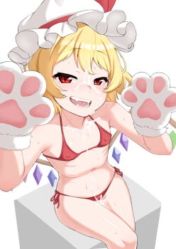 1girl animal_hands bikini blonde_hair bunsuirei covered_erect_nipples crystal_wings cum cum_on_body cum_on_hair facial fangs flandre_scarlet flat_chest gloves half-closed_eyes hands_up hat hat_ribbon highres light_blush light_smile loli looking_at_viewer medium_hair mob_cap open_mouth paw_gloves red_bikini red_eyes red_ribbon ribbon ribs side-tie_bikini_bottom sitting solo sweat swimsuit teeth touhou white_background white_hat wings