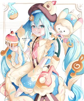 1girl 1other amarei_58 apron aqua_eyes aqua_hair blue_bow blue_dress blue_sleeves blue_thighhighs boots bow bowtie bright_pupils brown_hat collared_dress commentary_request detached_sleeves double-parted_bangs dress dress_bow eating food food-themed_clothes food-themed_hat_ornament footwear_bow frilled_apron frills fur-trimmed_dress fur-trimmed_sleeves fur_trim hair_between_eyes hair_ornament hat hat_ornament hatsune_miku highres holding holding_food long_hair long_sleeves medium_dress mismatched_thighhighs musical_note-themed_food necktie official_alternate_costume official_alternate_hairstyle open_mouth pink_bow pink_bowtie pink_necktie puffy_short_sleeves puffy_sleeves rabbit rabbit_yukine short_sleeves sleeve_bow snowflake_print snowflakes striped_clothes thighhighs tongue tongue_out twintails two-tone_sleeves very_long_hair vocaloid wavy_hair white_apron white_bow white_rabbit_(animal) white_sleeves wide_sleeves yuki_miku yuki_miku_(2026)