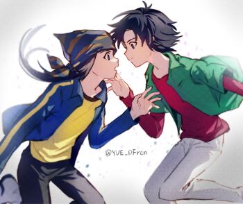 2boys bandana black_hair black_pants blue_bandana blue_jacket brothers digimon digimon_frontier green_shirt grey_background highres jacket kimura_kouichi long_hair male_focus minamoto_kouji multiple_boys pants ponytail red_shirt shirt short_hair siblings simple_background twins white_pants yellow_shirt yue_dfren