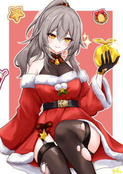 1girl absurdres alternate_hairstyle bag bare_shoulders bell belt black_gloves black_thighhighs border breasts closed_mouth commentary_request dress feet_out_of_frame fur-trimmed_dress fur_trim garter_straps gloves grey_hair hair_between_eyes hand_up highres holding holding_bag honkai:_star_rail honkai_(series) large_breasts long_hair looking_at_viewer neck_bell outside_border pink_background ponytail red_dress santa_costume santa_dress see-through_cleavage see-through_clothes simple_background sitting smile solo stelle_(honkai:_star_rail) thighhighs tiizumaru98 torn_clothes torn_thighhighs trailblazer_(honkai:_star_rail) trash_bag white_border yellow_eyes