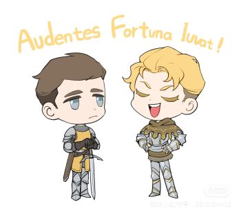 Rule 34 | 2boys, armor, armored gloves, black gloves, blonde hair, blue eyes, breastplate, brown cape, brown hair, cape, chibi, chinese text, closed eyes, closed mouth, commentary, english commentary, frown, full armor, full body, gloves, hands on own hips, hans capon, hashtag-only commentary, henry of skalitz, highres, holding, holding sword, holding weapon, kingdom come: deliverance ii, knee armor, latin text, leg armor, looking at another, male focus, multiple boys, open mouth, own hands together, sabaton, scabbard, sheath, short hair, shoulder armor, simple background, standing, sword, untranslatable commentary, teeth, tongue, tworain w, upper teeth only, watermark, weapon, white background