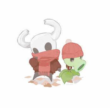 1boy artist_name autumn_leaves beanie black_eyes black_pants chinese_commentary commentary_request covered_mouth crossover film_grain full_body hand_up hat highres hightguy hollow_eyes hollow_knight horned_mask knight_(hollow_knight) leaf long_sleeves looking_at_viewer mask open_mouth pants peashooter_(plants_vs._zombies) plant plants_vs._zombies pom_pom_(clothes) pom_pom_beanie puffy_long_sleeves puffy_sleeves red_hat red_scarf red_sweater ribbed_sweater scarf shadow simple_background solid_oval_eyes standing sweater white_background white_mask