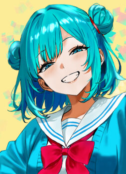 Rule 34 | 1girl, aqua eyes, aqua hair, blush, bow, commentary request, double bun, eyelashes, grin, hair bun, medium hair, narrowed eyes, original, portrait, red bow, sailor collar, smile, solo, teeth, user fkae2525, white sailor collar
