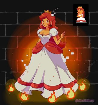 1girl blush breasts brick_wall chan23berry cleavage colored_skin crown derivative_work earrings fire full_body glint highres jewelry long_hair mario_(series) medium_breasts meme nintendo orange_skin parted_lips princess_peach princess_toadstool_redraw_(meme) puffy_short_sleeves puffy_sleeves red_eyes red_hair shadow short_sleeves smile solo sprite_redraw square standing super_mario_bros._1