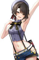 Rule 34 | 1girl, absurdres, arm up, armpits, black hair, blue eyes, blue shorts, blush, commentary, cropped shirt, grey hat, hair ornament, hat, highres, hip vent, hololive, kim ur, looking at viewer, midriff, navel, official alternate costume, oozora subaru, oozora subaru (work), panties, panty peek, shirt, short hair, shorts, simple background, smile, solo, stomach, striped clothes, striped shirt, suspender shorts, suspenders, underwear, vertical-striped clothes, vertical-striped shirt, virtual youtuber, white background