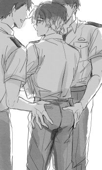 3boys chikan commentary_request from_behind grabbing_another's_ass greyscale groping highres inukai_yuto looking_at_another male_focus molestation monochrome multiple_boys paradox_live police police_uniform sexual_harassment simple_background sketch tobako white_background yaoi