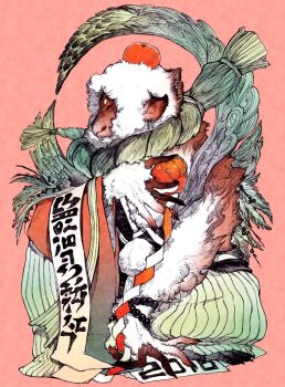 2016 animal chinese_new_year chinese_zodiac clothed_animal commentary_request dated food fruit fuji_166 full_body highres holding holding_food holding_fruit mandarin_orange monkey nengajou new_year no_humans orange_(fruit) orange_peel original red_background rope shide shimenawa simple_background translation_request year_of_the_monkey