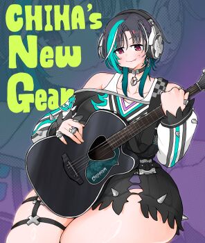 1girl belt black_choker black_hair black_shirt black_skirt blush braid choker earrings english_text fang green_hair guitar headphones holding_guitar holding_instrument hololive hololive_dev_is instrument jewelry kono_(konomi9a) multicolored_hair multiple_rings o-ring o-ring_thigh_strap off-shoulder_shirt off_shoulder pendant_choker purple_background purple_shorts red_eyes rindo_chihaya ring shirt short_hair shorts shorts_under_skirt side_braid sitting skin_fang skindentation skirt smile solo steering_wheel tank_top thick_thighs thigh_strap thighs torn_clothes torn_skirt virtual_youtuber white_tank_top wide_hips wolf_cut