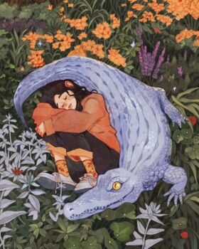 1girl alt_text bandaid bandaid_on_face black_hair black_pants blue_skin closed_eyes closed_mouth colored_skin commentary crocodile crocodilian earrings english_commentary field flower grass highres hugging_own_legs jewelry leaf long_hair lying on_back on_ground orange_flower orange_socks original outdoors pants plant print_socks purple_flower red_flower red_sweater shoes simz sleeping slice_of_life sneakers socks solo sweater white_shoes yellow_eyes