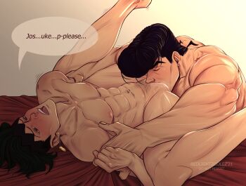 2boys abs absurdres black_hair cunnilingus cuntboy diamond_wa_kudakenai english_text higashikata_josuke highres jojo_no_kimyou_na_bouken kishibe_rohan multiple_boys muscular muscular_male nude oral orgasm pectorals pussy_juice redlightzoolez short_hair simple_background yaoi