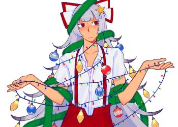 1girl blunt_bangs bow christmas christmas_lights christmas_ornaments collared_shirt commentary english_commentary entangled expressionless fujiwara_no_mokou garland_(decoration) hair_bow hair_ornament highres holding jitome long_hair looking_to_the_side raislopfest red_eyes shirt short_sleeves solo star_(symbol) star_hair_ornament string_lights suspenders touhou very_long_hair white_hair