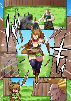 Rule 34 | 1boy, 1girl, absurdres, american flag, american flag tattoo, animal ears, aramori susumu, blonde hair, blush, breasts, brown hair, commentary, english commentary, flattop, guile, gun, hair between eyes, hair ornament, handgun, highres, horse ears, horse girl, horse tail, impossible hair, large breasts, long hair, meme, muscular, muscular male, open mouth, pants, ponytail, revolver, sheriff badge, short hair, smile, star (symbol), star hair ornament, street fighter, sweatdrop, taiki shuttle (umamusume), tail, tank top, tattoo, umamusume, weapon