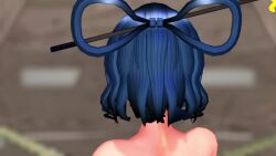 1girl 3d animated areola_slip ass audible_music backboob blue_eyes blue_hair blush bouncing_breasts breasts camera cloud convenient_censoring crowd dancing hair_rings jiggle kaku_seiga mikumikudance_(medium) navel nipples nude outdoors partially_visible_vulva ponkanman pussy short_hair silhouette sky solo solo_focus sound standing tagme touhou video