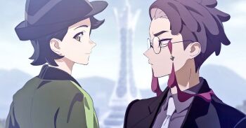 2boys black_eyes black_hat black_jacket blurry blurry_background closed_mouth commentary_request corbeau_(pokemon) glasses green_jacket hat jacket looking_at_another male_focus multiple_boys nintendo outdoors paxton_(pokemon) pokemon pokemon_legends:_z-a purple_hair purple_shirt round_eyewear shirt short_hair silong414 smile white_shirt