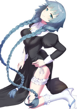 1girl absurdres aqua_eyes aqua_hair black_dress braid closed_mouth commentary_request dress hand_on_own_hip high_heels highres kneehighs kneeling long_hair long_sleeves looking_at_viewer nun okina_(805197) puffy_long_sleeves puffy_sleeves shoes smile socks solo soushuu_senshinkan_gakuen_hachimyoujin tatsumiya_yurika thigh_strap thighs twin_braids variant_set white_shoes white_socks