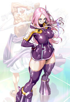 1boy 1girl absurdres blue_eyes boots breasts cloud_hair commentary floating_hair full_body gear_fifth gloves grin hand_on_own_hip hat headphones highres jacket jewelry_bonney large_breasts long_hair looking_at_viewer monkey_d._luffy muscular muscular_male official_alternate_costume one_piece piercing pink_hair purple_boots purple_gloves purple_jacket qtime_702 ring_piercing scar scar_on_face smile straw_hat thigh_boots topless_male