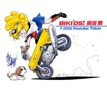 Rule 34 | 1girl, animal, bikid's!, black boots, black sailor collar, blonde hair, blue skirt, boots, bow, bowtie, commentary request, copyright name, copyright notice, dated, dog, driving, dust cloud, from side, full body, gloves, goggles, goggles on head, highres, honda, honda motocompo, kazane mai, kazuka tokio, knee boots, long hair, looking at animal, motor vehicle, motorcycle, official artist extra, on motorcycle, open mouth, orange gloves, red bow, red bowtie, red eyes, sailor collar, school uniform, serafuku, shadow, shirt, short sleeves, signature, skirt, solo, stoppie, surprised, white background, white shirt, wide-eyed