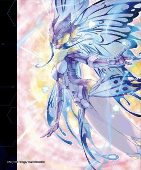 1girl blue_hair breasts bug butterfly butterfly_wings covered_eyes digimon digimon_(creature) digimon_story:_cyber_sleuth digimon_story:_cyber_sleuth_hacker&#039;s_memory eyewear_on_headwear female_focus gauntlets happy helmet hudiemon insect insect_wings leotard official_art open_mouth shoulder_pads sidelocks skirt smile sparkle thick_thighs thighhighs thighs toei_company wings