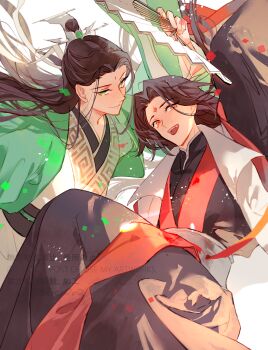 2boys :d bindi black_hair black_hanfu chinese_clothes closed_mouth commentary_request curtained_hair facial_mark feet_out_of_frame floating green_eyes green_robe half_updo hand_fan hanfu high_collar highres holding holding_fan knees_up light_particles long_hair long_sleeves looking_at_viewer luo_binghe male_focus multiple_boys open_mouth paper_fan parted_bangs red_eyes red_hanfu renzha_fanpai_zijiu_xitong robe sakuramochi1003 shen_qingqiu simple_background smile straight_hair two-tone_hanfu watermark white_background white_hanfu wide_sleeves zuiyin
