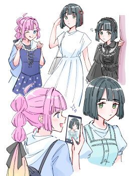 2girls ;q ahoge anyoji_hime black_dress black_hair black_hairband black_ribbon blonde_hair blue_eyes blue_one-piece_swimsuit blue_shirt blunt_bangs blunt_ends blush bob_cut breasts commentary detached_ahoge dress frilled_dress frilled_hairband frills gothic_lolita gradient_hair green_eyes hair_intakes hair_ribbon hairband highres holding holding_swimsuit holding_unworn_clothes link!_like!_love_live! lolita_fashion lolita_hairband long_hair love_live! medium_breasts momose_ginko momose_ginko_(haunted_house_date) momose_ginko_(swimsuit) multi-tied_hair multicolored_hair multiple_girls multiple_views one-piece_swimsuit one_eye_closed pink_hair pleated_dress ponytail poupee_en_lotus_(love_live!) puffy_short_sleeves puffy_sleeves ribbon shirt short_hair short_sleeves sidelocks simple_background smile swimsuit symbol-only_commentary tongue tongue_out unworn_swimsuit virtual_youtuber white_background white_dress zangemiya