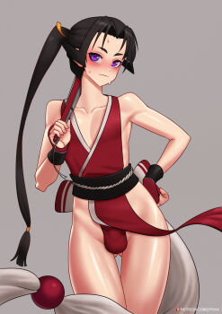 Rule 34 | 1boy, bare hips, bare shoulders, blush, bulge, collarbone, cosplay, crossdressing, crossdressing (mtf), finneca, folded fan, folding fan, grey background, hand fan, highres, holding, holding fan, houjou tokiyuki (nige jouzu no wakagimi), japanese clothes, kimono, long hair, looking at viewer, male focus, nige jouzu no wakagimi, patreon logo, pelvic curtain, ponytail, purple eyes, revealing clothes, shiranui mai, shiranui mai (cosplay), simple background, sleeveless, sleeveless kimono, smile, solo, sweat, thigh gap, trap, very long hair, watermark, web address, wrist guards