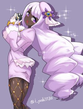 1girl :d bow commentary_request dark-skinned_female dark_skin dress fishnet_pantyhose fishnets from_side gloves grey_background hands_up hat hat_ornament highres holding holding_poke_ball jacinthe_(pokemon) long_hair long_sleeves looking_back luxury_ball nintendo open_mouth pantyhose pechimaru pink_hat poke_ball pokemon pokemon_legends:_z-a puffy_sleeves purple_eyes smile solo sparkle tilted_headwear tongue twintails twitter_username white_gloves yellow_bow