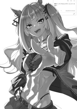 1girl abs absurdres animal_ears commentary espoir_city_(red_devil_gear)_(umamusume) espoir_city_(umamusume) foreshortening greyscale hand_on_own_hip highres horse_ears horse_girl looking_at_viewer midriff monochrome muscular muscular_female open_mouth senchan_7 skirt smile solo umamusume upper_body v