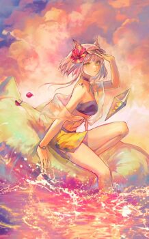 1girl animal_ear_fluff animal_ears arknights cat_ears cloud eyewear_on_head floating floating_object flower goggles green_eyes highres hongqiqiuqiu jewelry kal'tsit_(arknights) knee_up looking_at_viewer material_growth necklace on_innertube oripathy_lesion_(arknights) outdoors petals pink_flower pink_petals purple_tube_top ring shading_eyes sitting skirt soaking_feet solo strapless swim_ring tube_top watch water white_hair wristwatch yellow_skirt