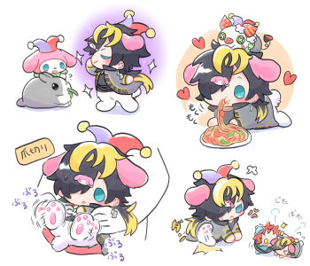 &gt;_&lt; 1girl 2boys :d :o ? aimono_jyushi aimono_jyushi_(sanrio_nakayoku_edit) anger_vein animal_ears belt black_eyes black_hair black_shirt blonde_streaks blue_eyes chibi closed_eyes commentary_request dual_persona eating extra_ears food food_on_face from_side full_body full_mouth fusion glaring grey_jacket hair_ornament hair_over_one_eye hairpin hangyodon harai_kuko harai_kuko_(sanrio_nakayoku_edit) hat highres hypnosis_mic jacket jester_cap kicking lifting_person long_hair lying motion_lines multicolored_hair multiple_belts multiple_boys multiple_views my_melody no_pants noodles official_alternate_costume on_stomach open_clothes open_jacket open_mouth parted_bangs pasta pawpads pink_fur profile puff_of_air rabbit rabbit_ears rabbit_tail raised_eyebrows red_hair sanrio shirt short_hair simple_background smile sound_effects spaghetti sparkle spiked_hair standing stomping stomping_on_the_floor streaked_hair stuffed_animal stuffed_pig stuffed_toy suke8364 tail two-sided_fabric two-sided_jacket two-tone_hat white_background white_fur yellow_eyes