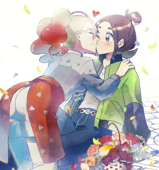 Rule 34 | 2girls, apron, araragi natsuki, blue pants, blush, bouquet, breasts, brown eyes, brown hair, closed eyes, closed mouth, commentary request, flower, glasses, gradient hair, green jacket, grey shirt, griselle (pokemon), hair bun, harmony (pokemon), heart, highres, jacket, kiss, long sleeves, multicolored hair, multiple girls, nintendo, open clothes, open jacket, orange apron, pants, pantyhose, pokemon, pokemon legends: z-a, ponytail, red hair, shirt, short hair, shorts, split ponytail, two-tone hair, waist apron, white-framed eyewear, white hair, white pantyhose, white shirt, white shorts, yuri