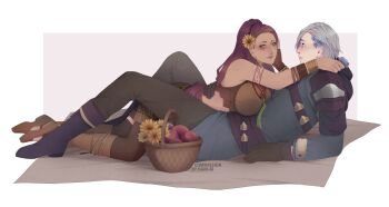 1boy 1girl ashe_ubert ashe_ubert_(timeskip) bare_shoulders basket between_legs breasts commission dark-skinned_female dark_skin fire_emblem fire_emblem:_three_houses flower full_body hair_flower hair_ornament hand_on_another&#039;s_shoulder highres holding holding_flower large_breasts long_hair lying lying_on_person nintendo on_back petra_macneary petra_macneary_(timeskip) rani_ki smile