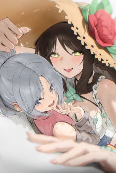 1boy 1girl absurdres black_survival blue_eyes blush breasts brown_hair eternal_return:_black_survival flower green_eyes grey_hair grey_jacket gweon_sua hat hat_flower highres jacket kim_boki large_breasts long_hair looking_at_viewer multiple_girls open_mouth original pink_shirt ponytail shirt sleeveless sleeveless_shirt straw_hat sweatdrop turtleneck turtleneck_shirt