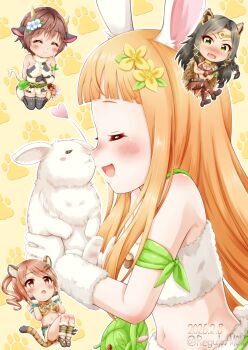 Rule 34 | 4girls, :d, animal, animal ears, animal print, bare shoulders, black gloves, black hair, black sandals, black thighhighs, blush, breasts, brown background, brown eyes, brown hair, brown pantyhose, chibi, circlet, cleavage, closed eyes, commentary request, cow ears, cow girl, cow horns, cow print, crossed legs, dated, fangs, flower, fringe trim, gloves, green eyes, hair flower, hair ornament, heart, highres, holding, holding animal, horns, ichihara nina, idolmaster, idolmaster cinderella girls, idolmaster cinderella girls starlight stage, kemonomimi mode, large breasts, long hair, mifune miyu, mukai takumi, multiple girls, nose blush, noses touching, oikawa shizuku, open mouth, pantyhose, paw print, paw print background, rabbit, rabbit ears, regular mow, sandals, shoe soles, short hair, smile, steepled fingers, tail, thighhighs, tiger ears, tiger girl, tiger print, tiger tail, torn clothes, torn pantyhose, twitter username, very long hair, yellow flower