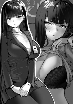 1girl absurdres blazer blue_archive blunt_bangs blush bra breasts bright_pupils cleavage clothes_lift commentary_request greyscale halo highres id_card jacket kumamiya lace lace-trimmed_bra lace_trim large_breasts lifting_own_clothes long_hair long_sleeves looking_at_viewer miniskirt monochrome multiple_views nose_blush own_hands_together pantyhose pleated_skirt ringed_eyes rio_(blue_archive) skirt straight_hair sweatdrop sweater sweater_lift thighs turtleneck turtleneck_sweater underwear very_long_hair