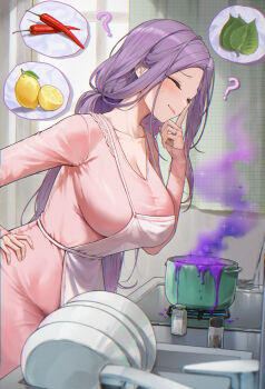 1girl ? ^_^ absurdres apron blush breasts chili_pepper cleavage closed_eyes collarbone commentary_request cooking dress food fruit highres indoors jeon-eo_konoshiro kitchen large_breasts leaning_forward lemon long_hair mature_female nervous_sweating original pepper_(spice) perilla_leaves pink_dress purple_hair salt solo spoken_food sweat very_long_hair white_apron you're_doing_it_wrong