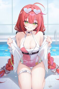 1girl blurry blurry_background bow braid breasts center-flap_bangs cleavage collarbone commentary_request deyui double-parted_bangs eyewear_on_head gradient-tinted_eyewear green_eyes grin hair_between_eyes hair_bow hair_ornament halterneck heart heart-shaped_eyewear highres indoors jacket kneeling long_hair looking_at_viewer low_twin_braids medium_breasts multicolored_hair off_shoulder official_alternate_costume one-piece_swimsuit open_clothes open_jacket pink_hair pink_one-piece_swimsuit pool red_hair smile solo sphere_hair_ornament straight-on streaked_hair swimsuit thigh_gap thigh_strap tile_floor tiles tinted_eyewear twin_braids two-tone_one-piece_swimsuit ukinami_yuzuha ukinami_yuzuha_(tanuki_in_broad_daylight) very_long_hair wet white_bow white_jacket white_one-piece_swimsuit zenless_zone_zero