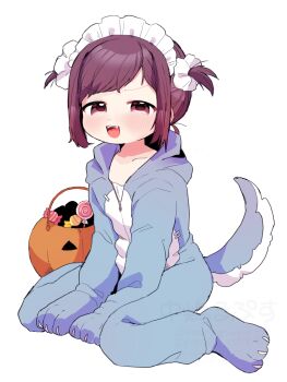 1girl animal_costume blush brown_eyes brown_hair candy fangs food gloves halloween halloween_bucket halloween_costume lollipop looking_at_viewer maid_headdress open_mouth original paw_gloves paw_shoes possummachine scrunchie shirt short_hair sitting smile tail teeth twintails white_background white_shirt wolf_costume wolf_tail zipper