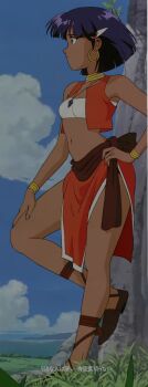 Rule 34 | 1girl, against tree, against wall, anime screenshot, breasts, dark-skinned female, dark skin, from side, fushigi no umi no nadia, green eyes, hand on lap, hand on own hip, hand on own leg, hand on own thigh, highres, jewelry, legs, medium breasts, midriff, nadia la arwall, navel, necklace, pelvic curtain, purple hair, short hair, skirt, solo, stitched, strapless, thighs, third-party edit, tree, tube top