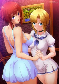 2girls absurdres ass bill_rizer blonde_hair blue_dress blue_eyes blue_neckerchief blush bra bra_peek breasts choker collarbone contra dress from_behind highres holding_hands kaori_shiruko konami lance_bean large_breasts looking_at_viewer looking_back medium_breasts multiple_girls naomi_kokoro neckerchief open_mouth original picture_frame puffy_sleeves purple_eyes red_bra red_hair school_uniform short_hair short_sleeves sleeveless sleeveless_dress smile standing underwear white_dress yukino_memories yuri zel-sama