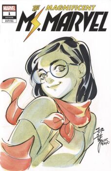 1girl 2025 character_request check_character copyright_logo copyright_name cover_sketch english_text glasses green_eyes highres lightning_bolt_symbol logo looking_at_viewer looking_to_the_side marvel ms._marvel peach_momoko red_scarf round_eyewear scarf shirt short_hair sketch smile solo upper_body white_background