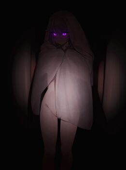 1girl absurdres bed_sheet commentary cowboy_shot english_commentary glowing glowing_eyes grey_hair hair_flaps highres hololive hololive_english koseki_bijou looking_at_viewer mr_thecatman naked_sheet paid_reward_available purple_eyes solo virtual_youtuber