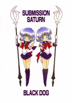 1990s_(style) 2girls back_bow bishoujo_senshi_sailor_moon boots bow brooch chibi choker closed_mouth dual_persona earrings elbow_gloves english_text full_body gloves hand_on_own_hip hand_on_own_thigh heart heart_brooch highres holding holding_polearm holding_weapon jewelry knee_boots kuroinu_juu lace-up_boots legs_together looking_at_viewer multiple_girls pleated_skirt polearm purple_eyes purple_footwear purple_hair purple_sailor_collar purple_skirt red_bow retro_artstyle sailor_collar sailor_saturn sailor_senshi sailor_senshi_uniform scan short_hair silence_glaive simple_background skirt smile star_(symbol) star_brooch star_choker super_sailor_saturn symmetry tomoe_hotaru weapon white_background white_gloves