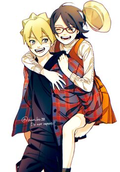 1boy 1girl black_hair black_hoodie black_skirt blonde_hair blue_eyes boruto:_naruto_next_generations carrying closed_eyes commentary_request dress facial_mark hat highres hood hoodie jacket_over_hoodie naruto_(series) onka_(aun_ka28) open_mouth orange_dress piggyback plaid_clothes red-framed_eyewear short_dress short_hair skirt smile sweater uchiha_sarada unworn_hat unworn_headwear uzumaki_boruto whisker_markings white_sweater yellow_hat