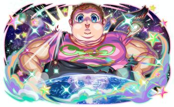 Rule 34 | 1boy, :d, aqua eyes, artist request, beard stubble, black overalls, blue clouds, cel shading, cloud, crash fever, earth (planet), eye print, facial hair, fat, fat man, full body, game cg, green cloud, hand on own hip, large pectorals, male focus, mask, mask on head, muscular, muscular male, official art, open mouth, orange clouds, orange hair, outline, overalls, pectorals, pink shirt, planet, red outline, reflection, saturated, shirt, short hair, short sleeves, smile, solo, space, sparkle, star (sky), star (symbol), starry background, stubble, suspenders, tachi-e, teeth, tongue, torn clothes, torn overalls, torn shirt, transparent background, two-tone shirt, ufo, upper teeth only