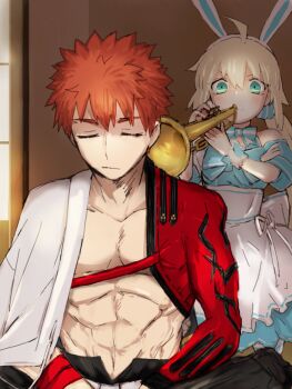 1boy 1girl ahoge animal_ears arm_guards artoria_caster_(fate) artoria_caster_(swimsuit_berserker)_(second_ascension)_(fate) artoria_pendragon_(fate) blonde_hair bow bowtie butterfly_sitting emiya_shirou fake_animal_ears fate/grand_order fate_(series) green_eyes highres holding holding_instrument holding_trumpet instrument long_hair popopo0000001 red_hair senji_muramasa_(fate) sitting trumpet